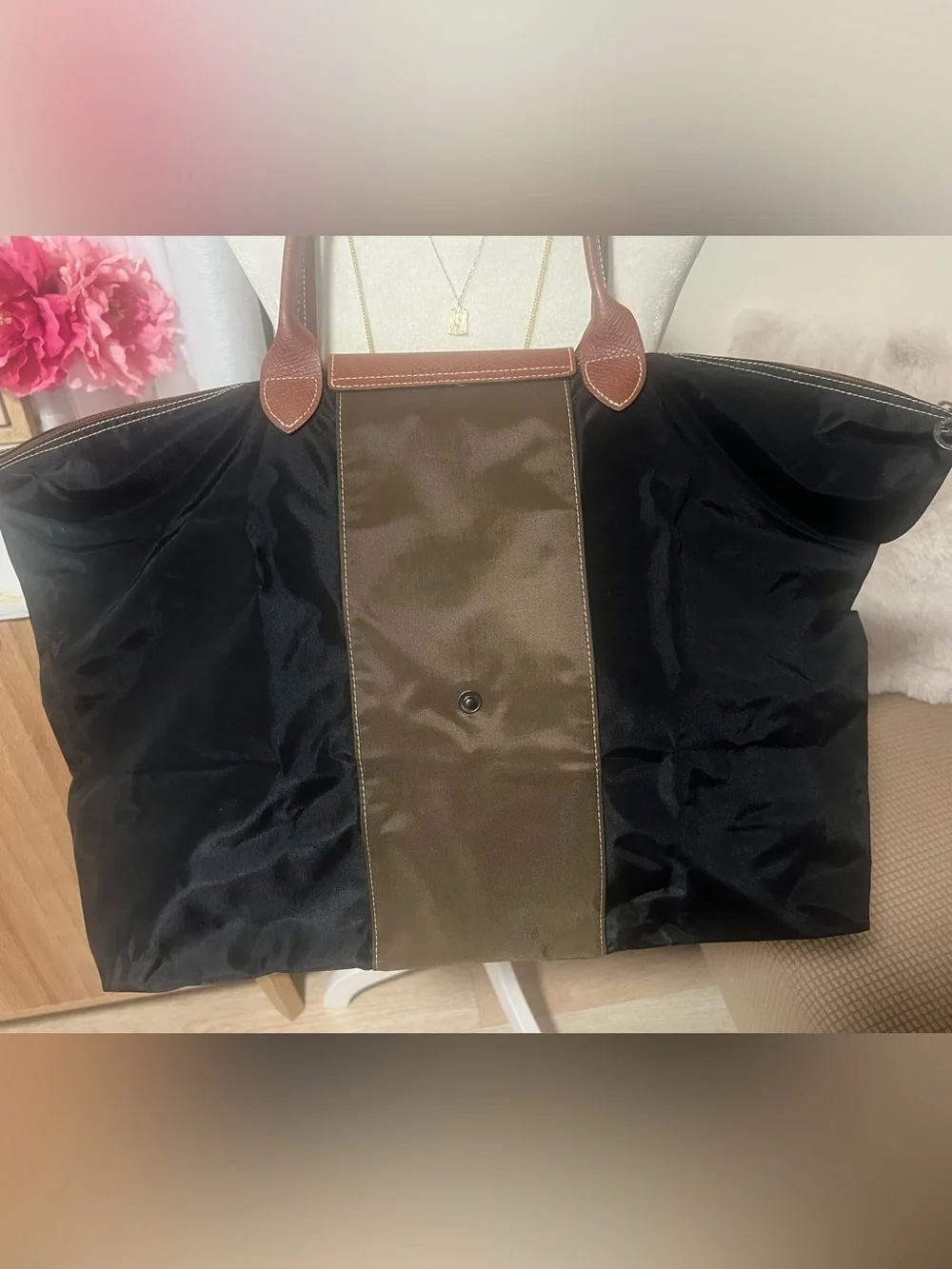 Longchamp Le Pliage Large Tote - Black with Olive Center Panel and Brown Trim
